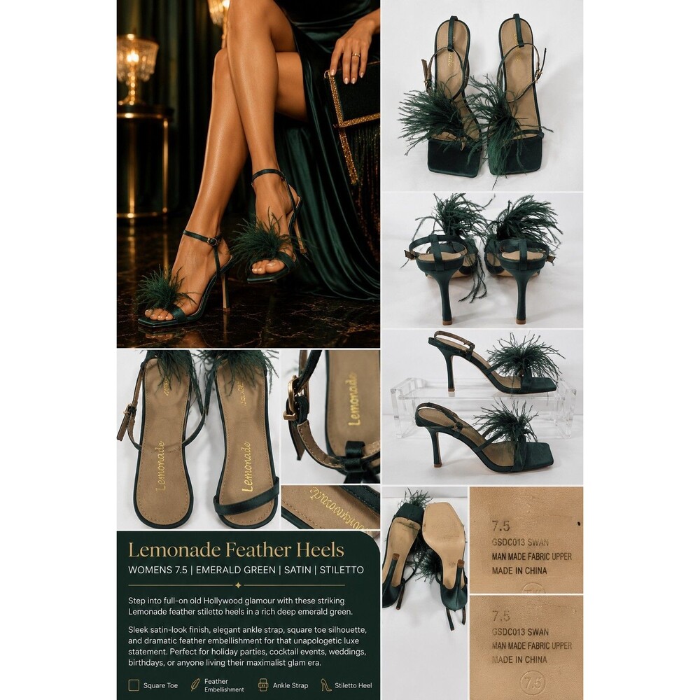 Lemonade Feather Heels Womens 7.5 Green Satin Ankle Strap Stiletto Party Glam...